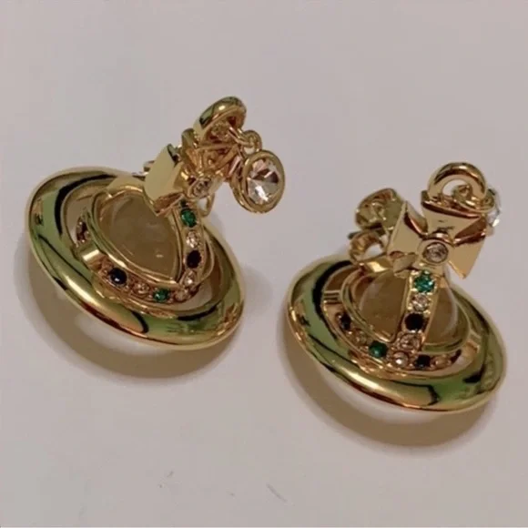 18k gold Plated crystal signature Saturn Orb drop earrings - Picture 3 of 8